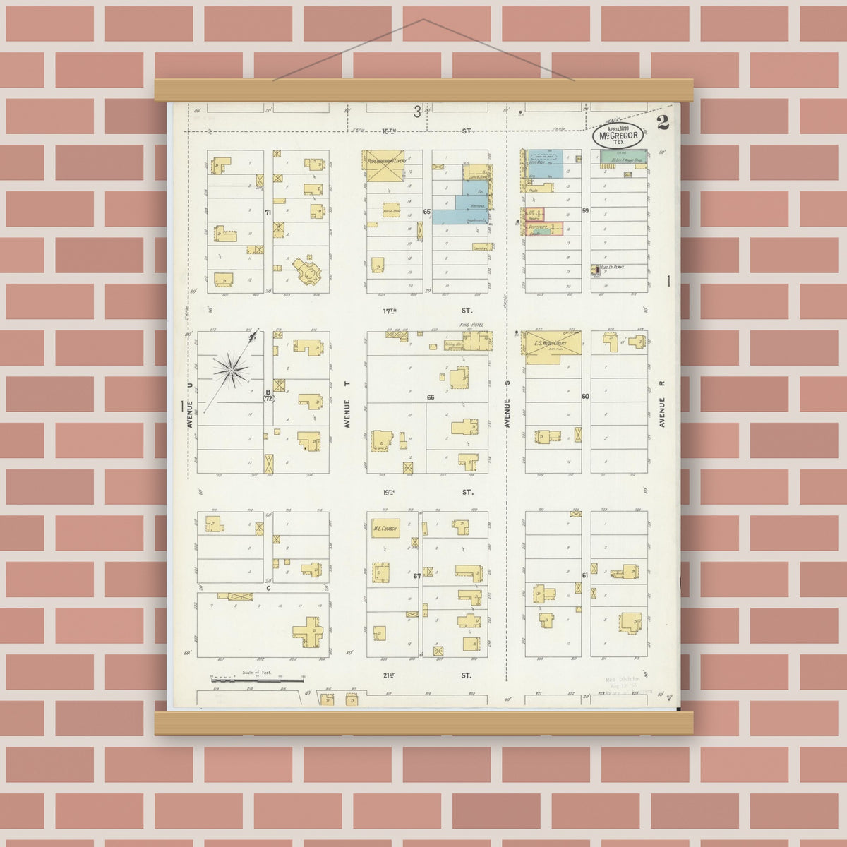 Old map wall art mockup — magnetic wood frame on brick wall — Sanborn Fire Insurance Map from McGregor, McLennan County, Texas (1899), Sheet #0002