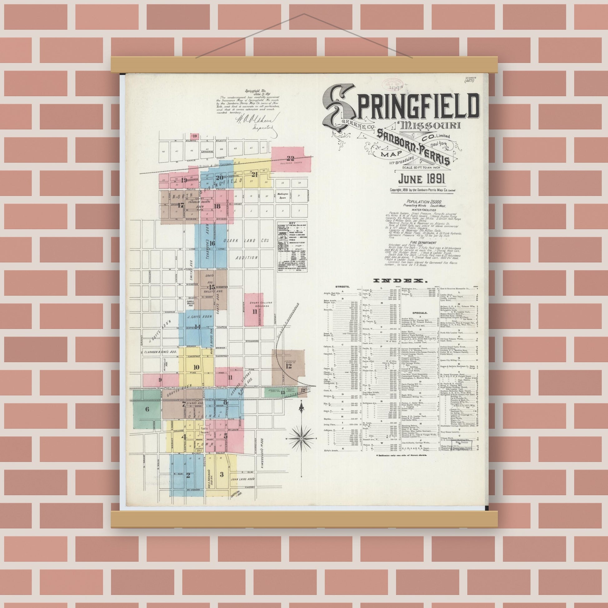 Old map wall art mockup — magnetic wood frame on brick wall — Sanborn Fire Insurance Map from Springfield, Greene County, Missouri (1891) - Complete Map Set