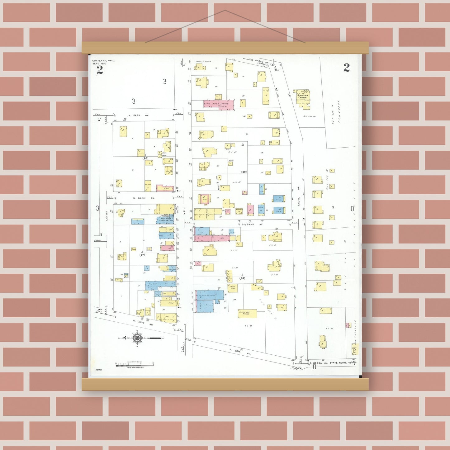 Old map wall art mockup — magnetic wood frame on brick wall — Sanborn Fire Insurance Map from Cortland, Trumbull County, Ohio (1950), Sheet #0002