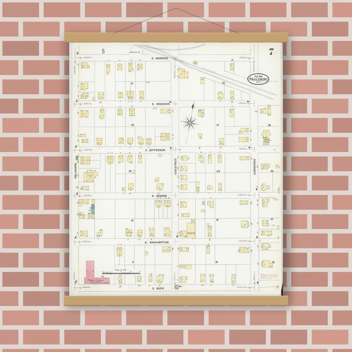 Old map wall art mockup — magnetic wood frame on brick wall — Sanborn Fire Insurance Map from Paulsboro, Gloucester County, New Jersey (1909), Sheet #0007