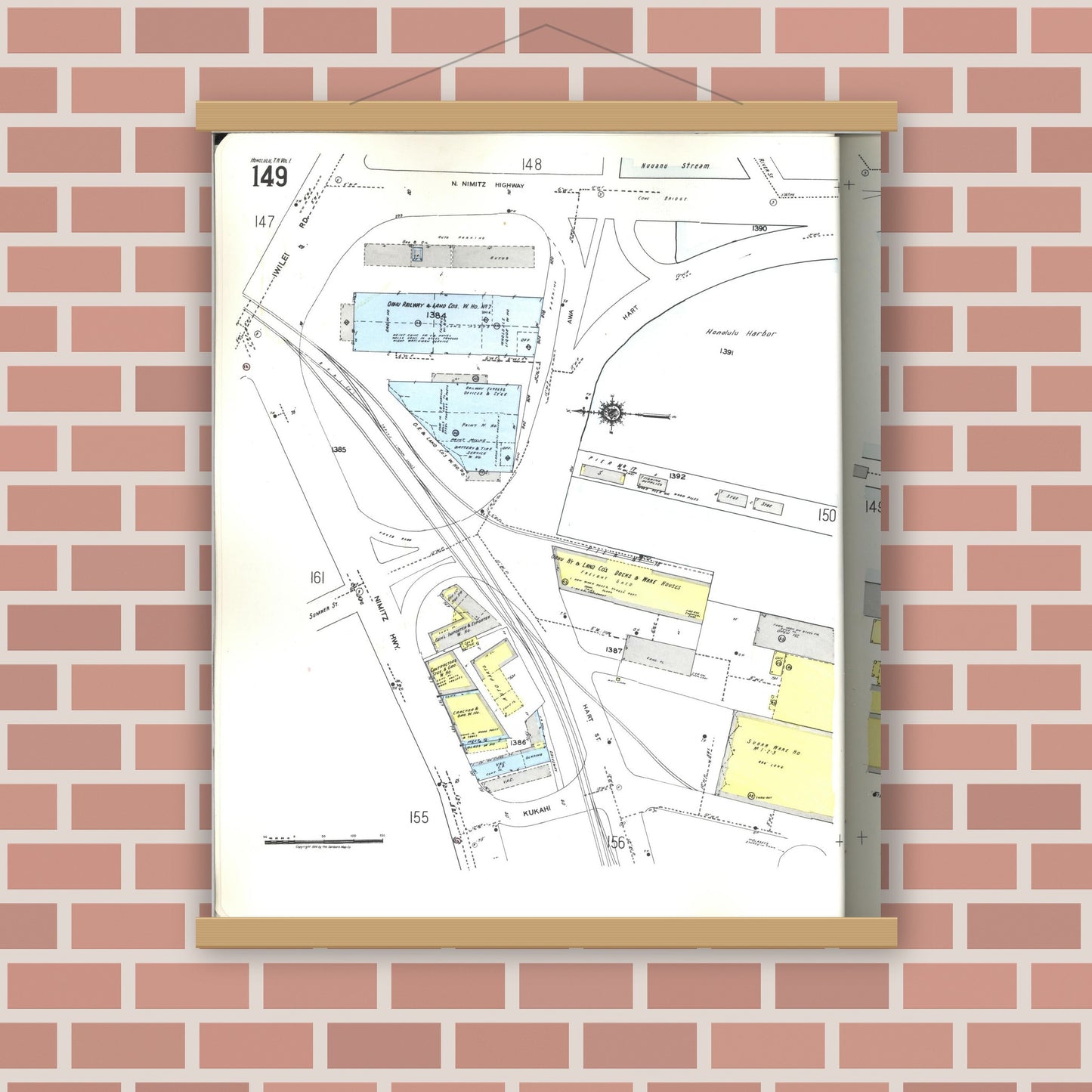 Old map wall art mockup — magnetic wood frame on brick wall — Sanborn Fire Insurance Map from Honolulu, Oahu County, Hawaii (1955), Sheet #0149