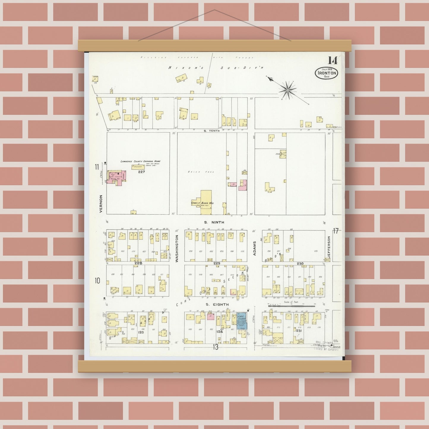 Old map wall art mockup — magnetic wood frame on brick wall — Sanborn Fire Insurance Map from Ironton, Lawrence County, Ohio (1909), Sheet #0014