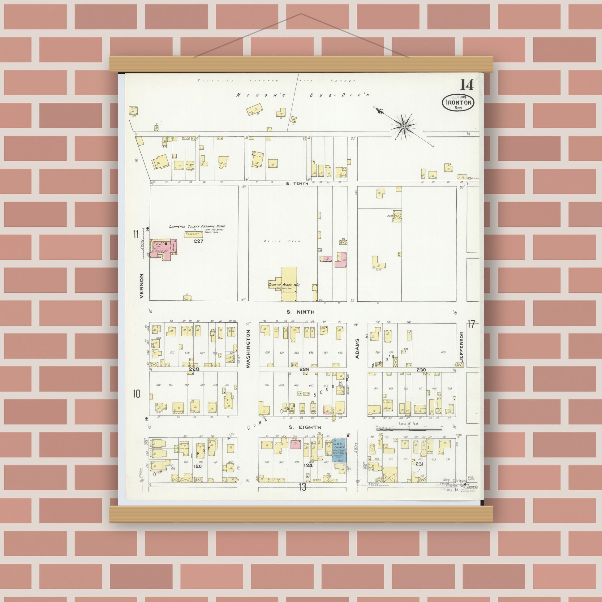 Old map wall art mockup — magnetic wood frame on brick wall — Sanborn Fire Insurance Map from Ironton, Lawrence County, Ohio (1909), Sheet #0014
