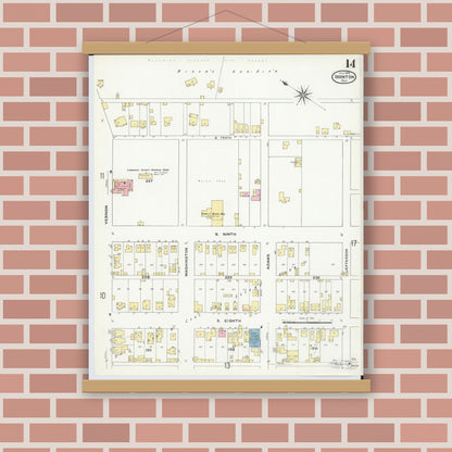 Old map wall art mockup — magnetic wood frame on brick wall — Sanborn Fire Insurance Map from Ironton, Lawrence County, Ohio (1909), Sheet #0014