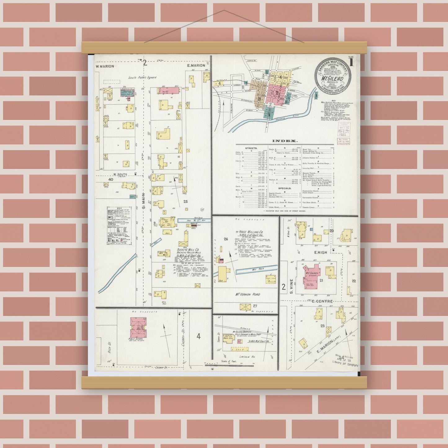 Old map wall art mockup — magnetic wood frame on brick wall — Sanborn Fire Insurance Map from Mount Gilead, Morrow County, Ohio (1903), Sheet #0001