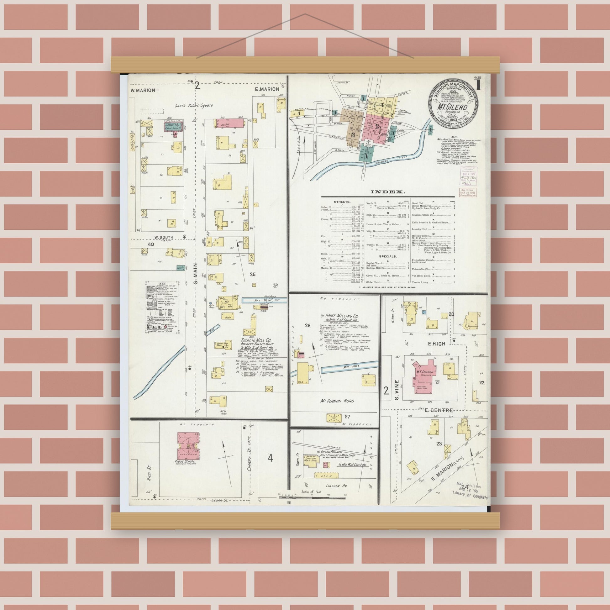 Old map wall art mockup — magnetic wood frame on brick wall — Sanborn Fire Insurance Map from Mount Gilead, Morrow County, Ohio (1903), Sheet #0001