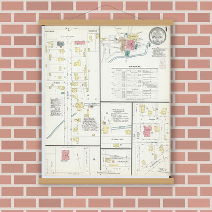 Old map wall art mockup — magnetic wood frame on brick wall — Sanborn Fire Insurance Map from Mount Gilead, Morrow County, Ohio (1903), Sheet #0001