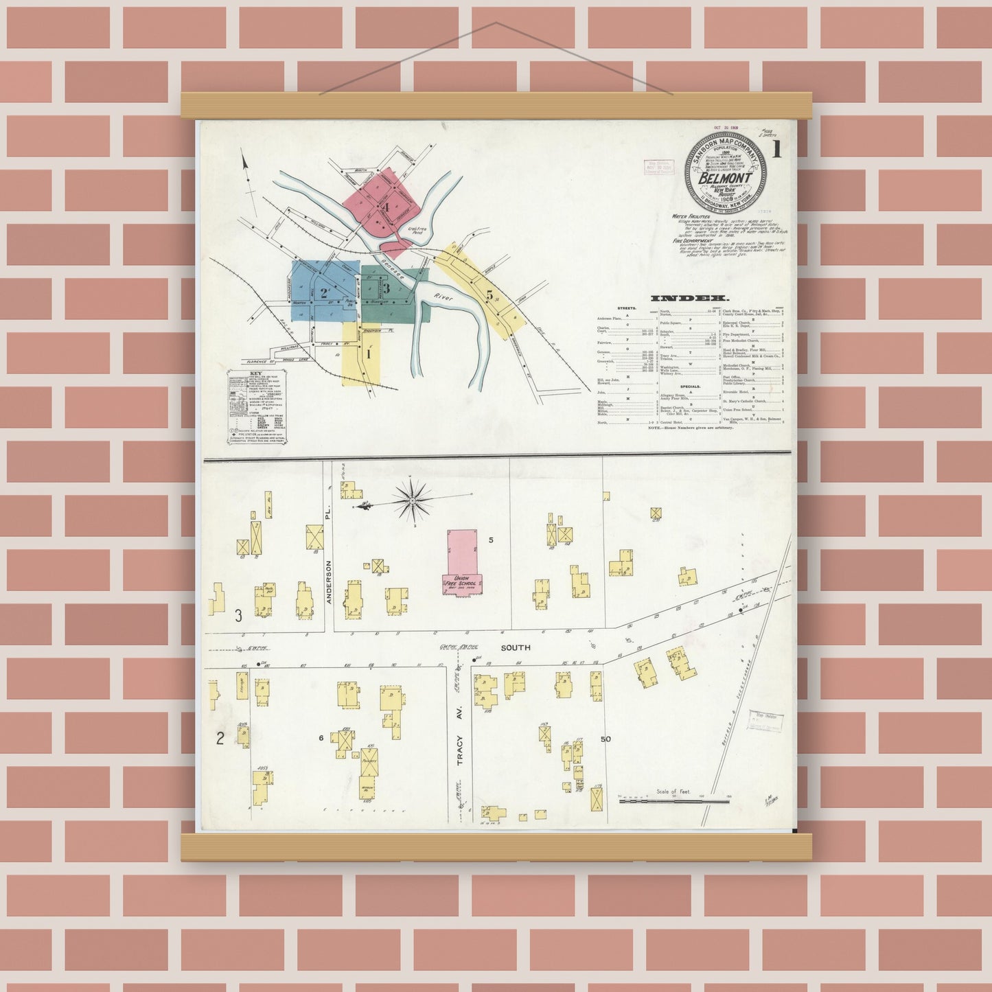Old map wall art mockup — magnetic wood frame on brick wall — Sanborn Fire Insurance Map from Belmont, Allegany County, New York (1909) - Complete Map Set
