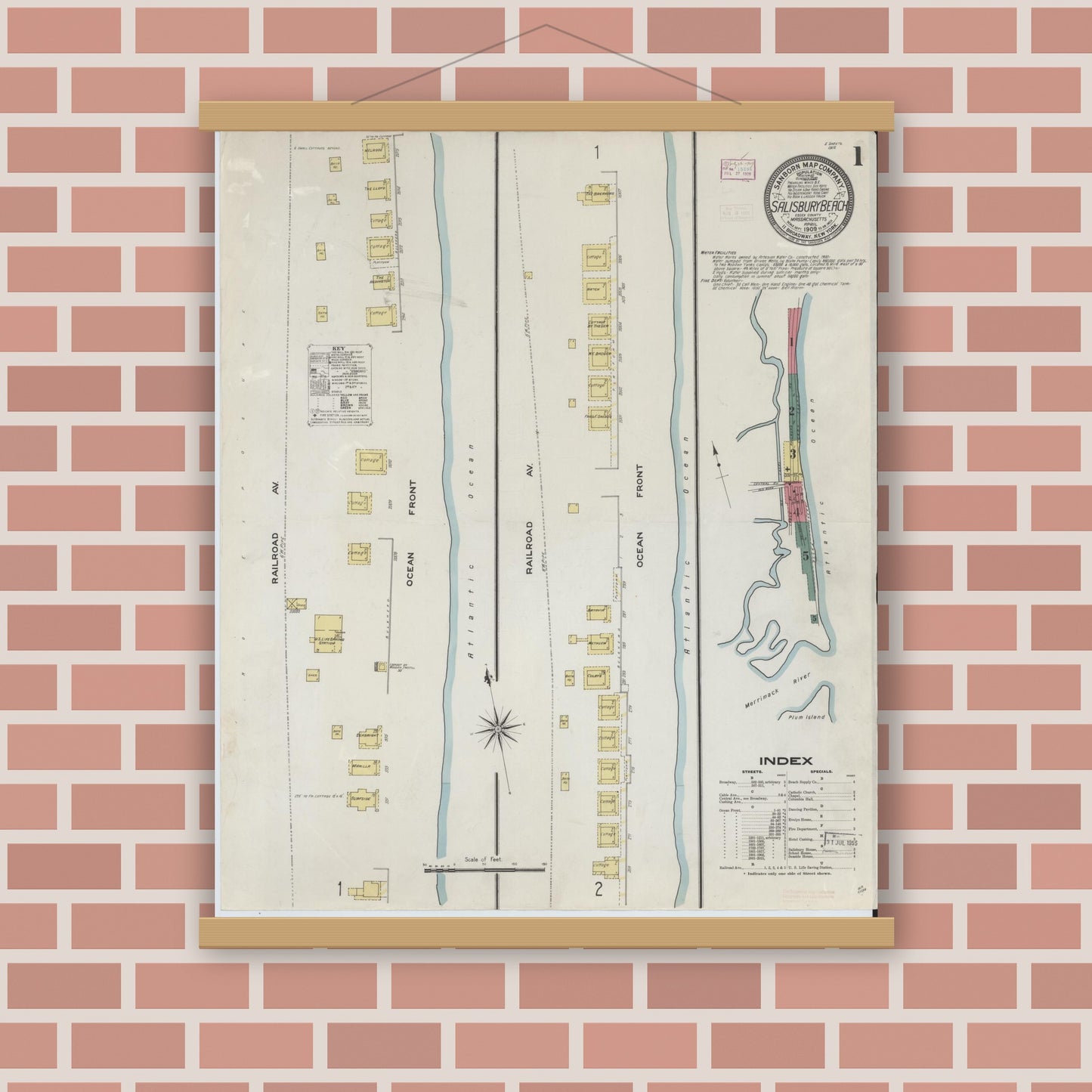 Old map wall art mockup — magnetic wood frame on brick wall — Sanborn Fire Insurance Map from Salisbury, Essex County, Massachusetts (1909), Sheet #0001