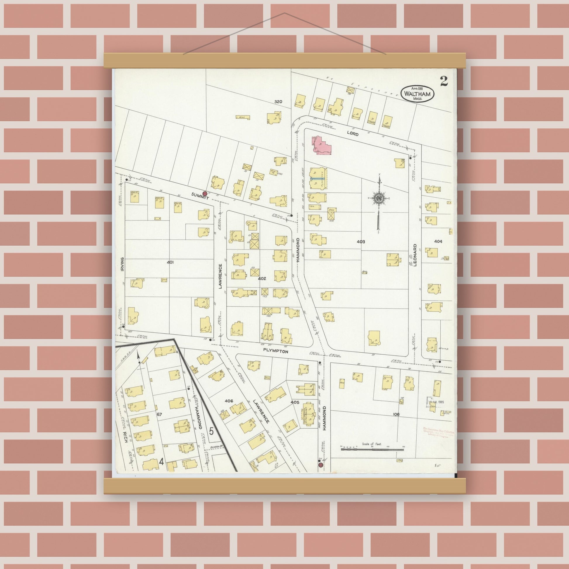 Old map wall art mockup — magnetic wood frame on brick wall — Sanborn Fire Insurance Map from Waltham, Middlesex County, Massachusetts (1911), Sheet #0002