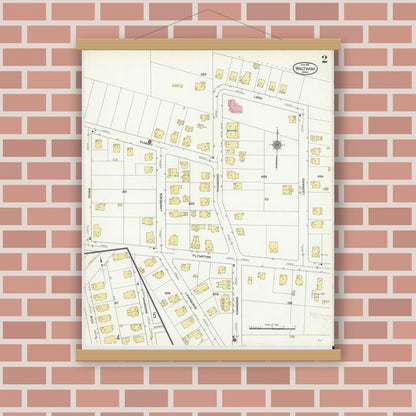 Old map wall art mockup — magnetic wood frame on brick wall — Sanborn Fire Insurance Map from Waltham, Middlesex County, Massachusetts (1911), Sheet #0002