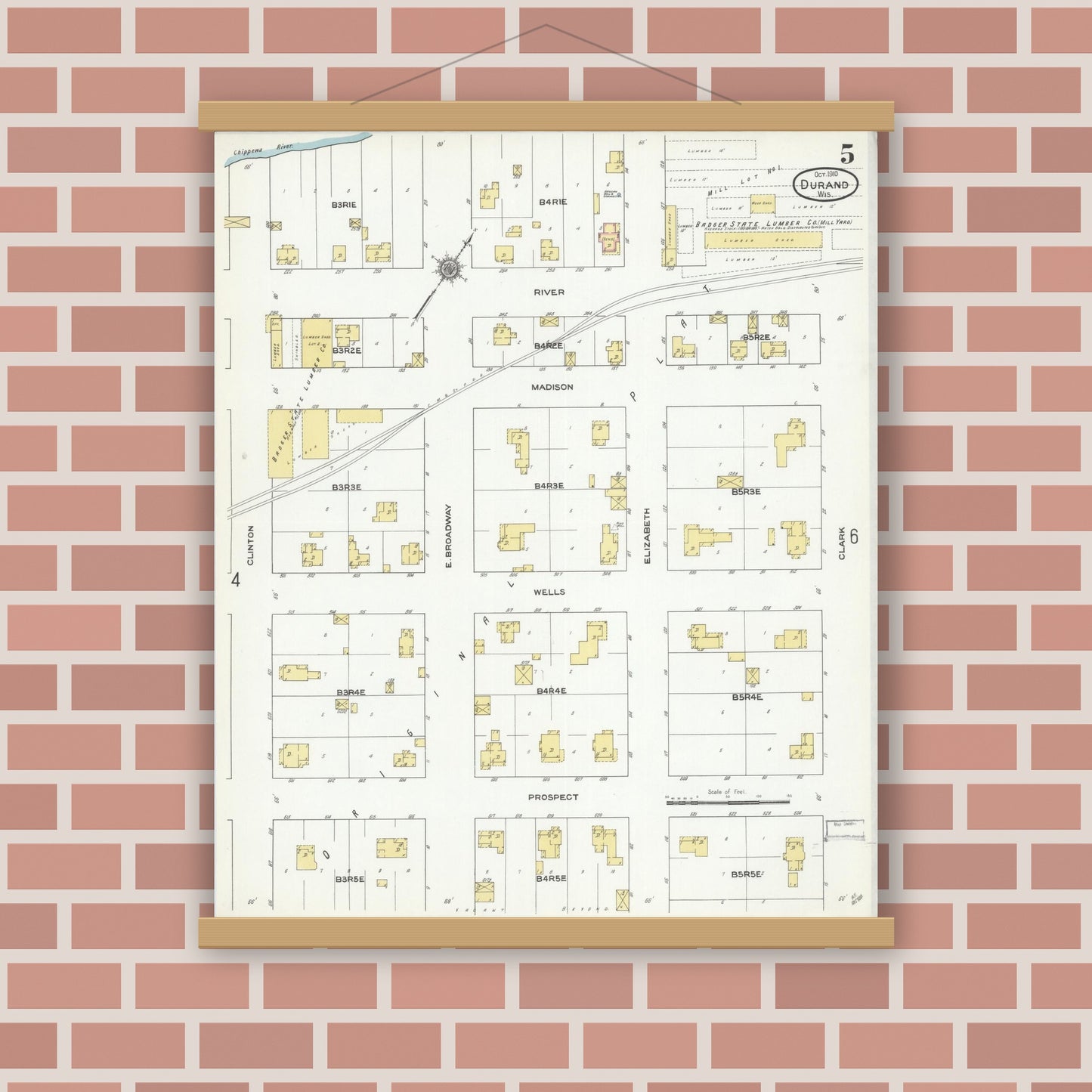 Old map wall art mockup — magnetic wood frame on brick wall — Sanborn Fire Insurance Map from Durand, Pepin County, Wisconsin (1910), Sheet #0005