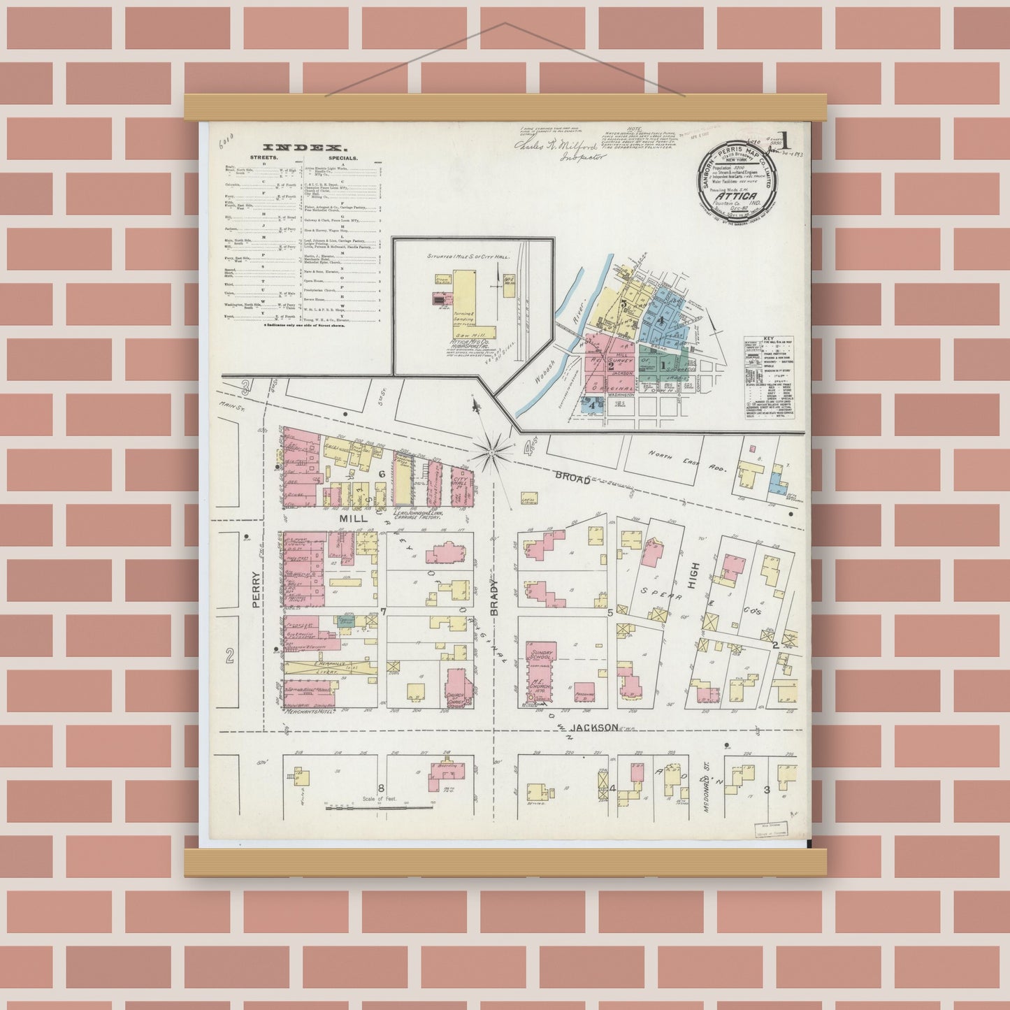 Old map wall art mockup — magnetic wood frame on brick wall — Sanborn Fire Insurance Map from Attica, Fountain County, Indiana (1892), Sheet #0001