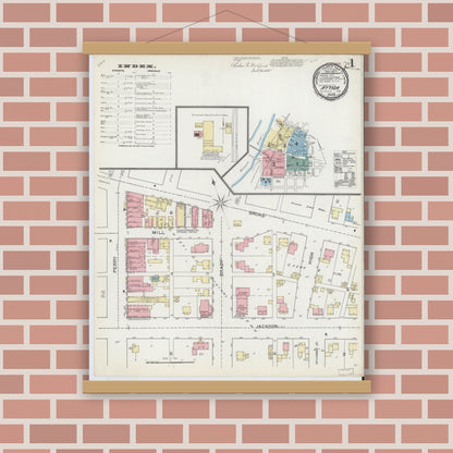 Old map wall art mockup — magnetic wood frame on brick wall — Sanborn Fire Insurance Map from Attica, Fountain County, Indiana (1892), Sheet #0001