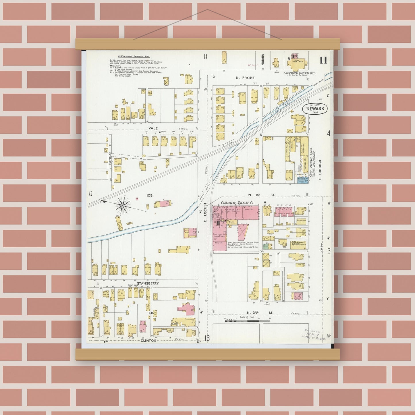 Old map wall art mockup — magnetic wood frame on brick wall — Sanborn Fire Insurance Map from Newark, Licking County, Ohio (1899), Sheet #0011
