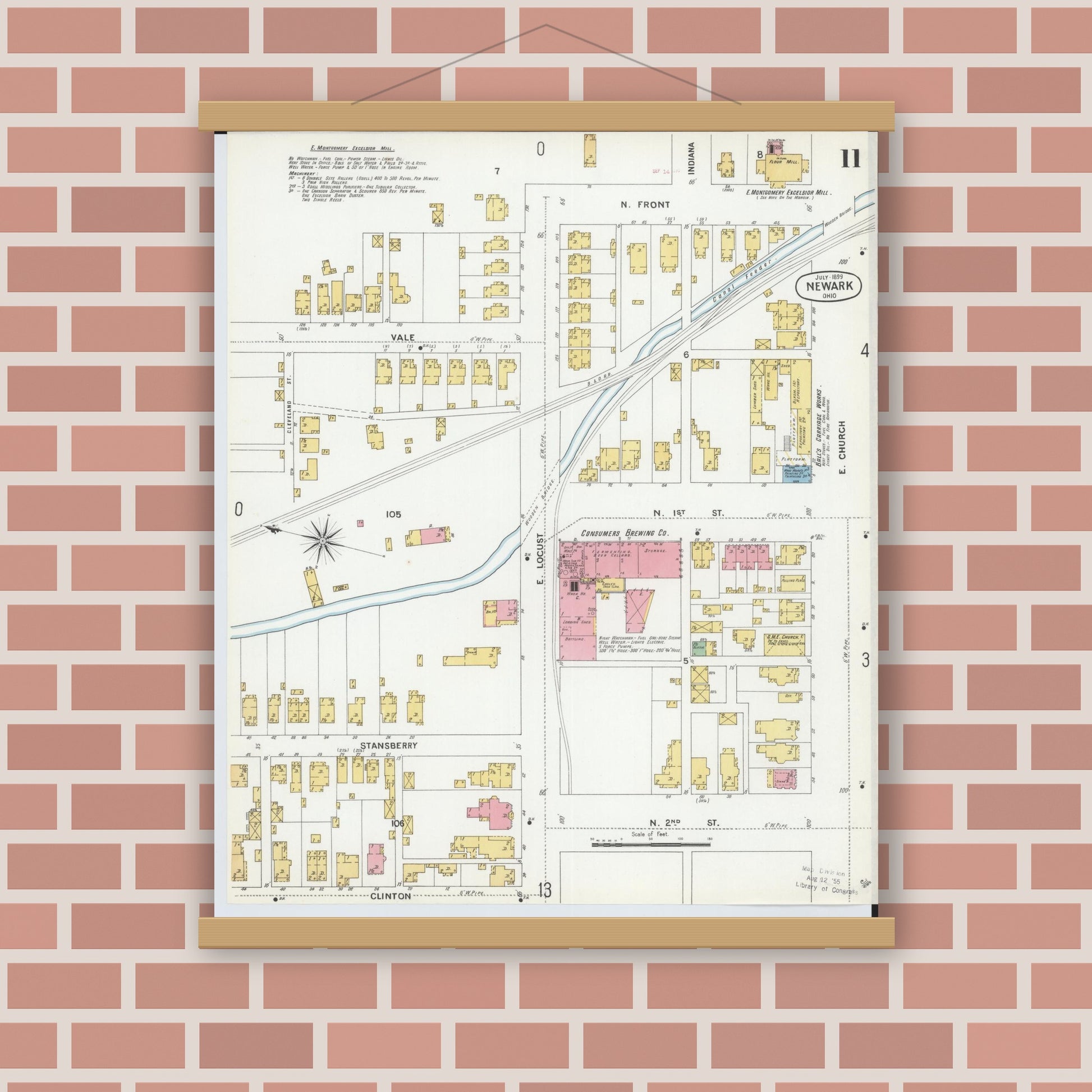 Old map wall art mockup — magnetic wood frame on brick wall — Sanborn Fire Insurance Map from Newark, Licking County, Ohio (1899), Sheet #0011