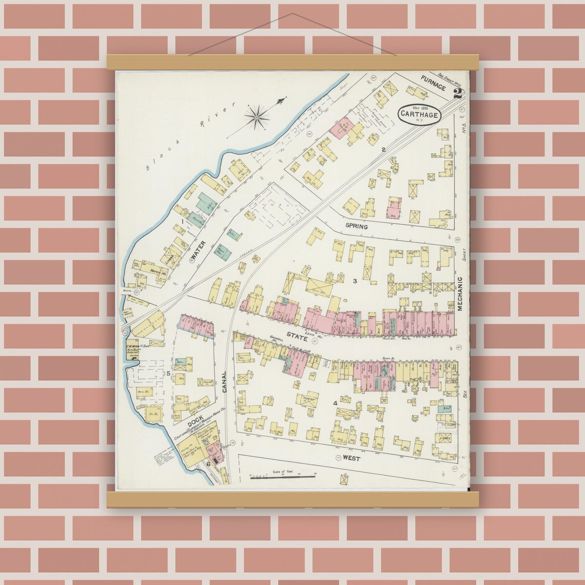 Old map wall art mockup — magnetic wood frame on brick wall — Sanborn Fire Insurance Map from Carthage, Jefferson County, New York (1890) - Complete Map Set