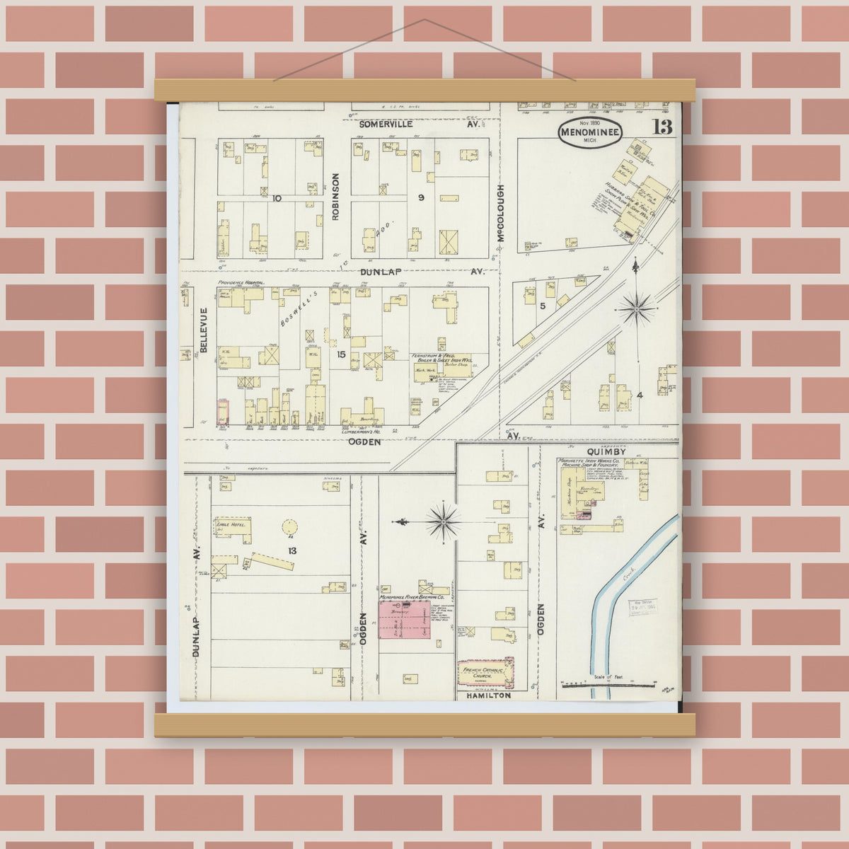 Old map wall art mockup — magnetic wood frame on brick wall — Sanborn Fire Insurance Map from Menominee, Menominee County, Michigan (1890), Sheet #0013