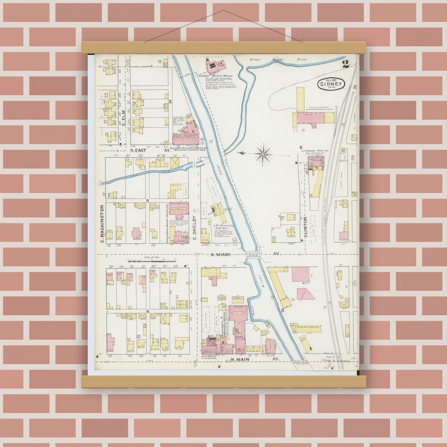 Old map wall art mockup — magnetic wood frame on brick wall — Sanborn Fire Insurance Map from Sidney, Shelby County, Ohio (1892), Sheet #0002