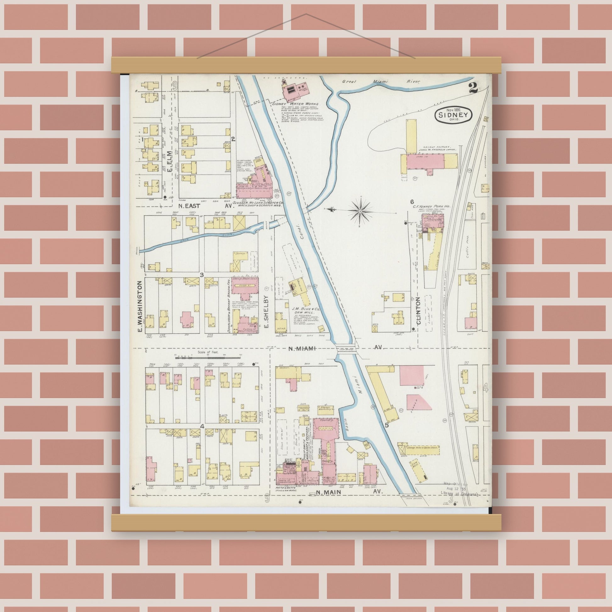 Old map wall art mockup — magnetic wood frame on brick wall — Sanborn Fire Insurance Map from Sidney, Shelby County, Ohio (1892), Sheet #0002