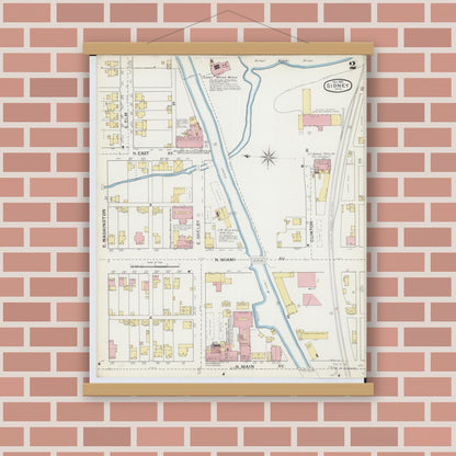 Old map wall art mockup — magnetic wood frame on brick wall — Sanborn Fire Insurance Map from Sidney, Shelby County, Ohio (1892), Sheet #0002
