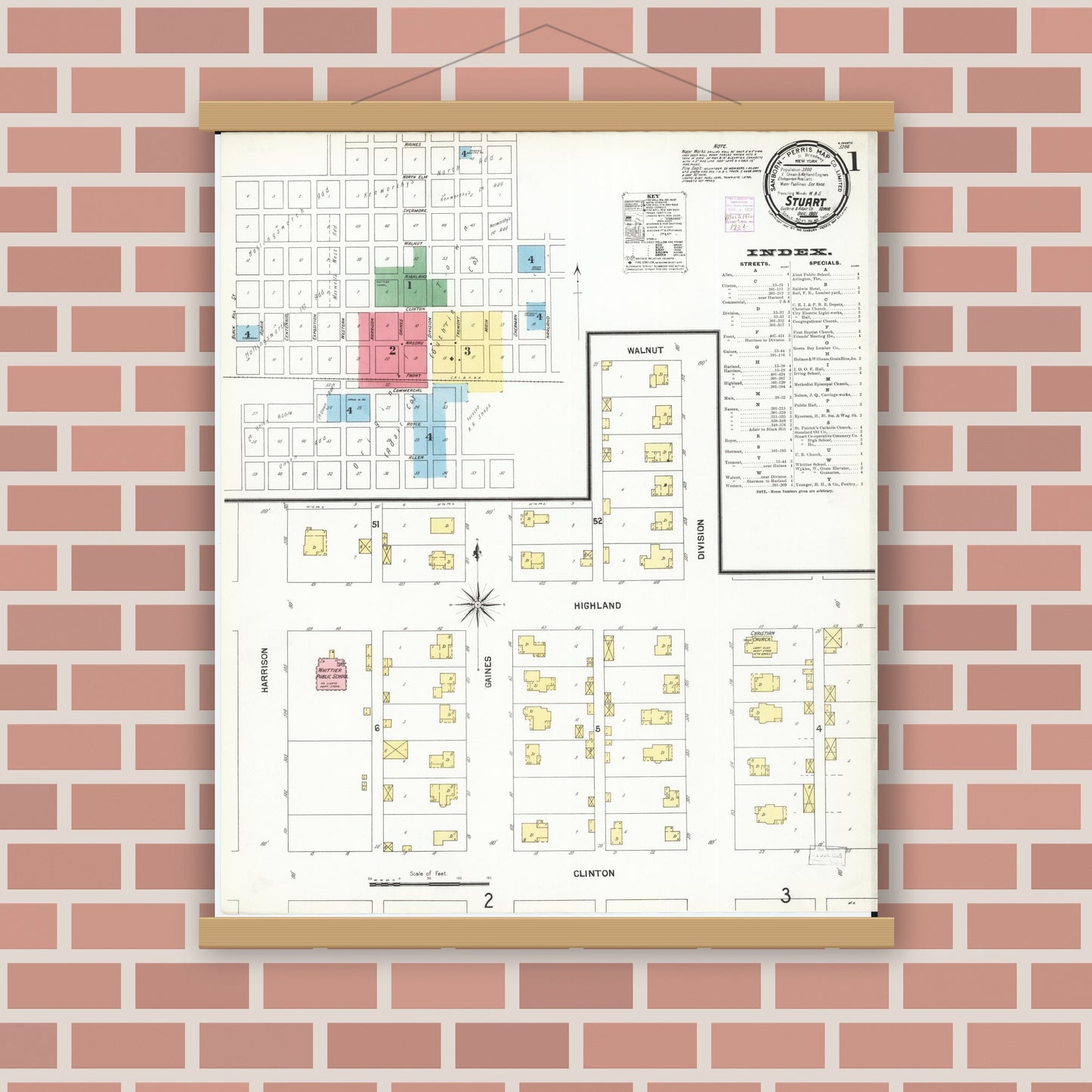 Old map wall art mockup — magnetic wood frame on brick wall — Sanborn Fire Insurance Map from Stuart, Guthrie and Adair Counties, Iowa (1901), Sheet #0001
