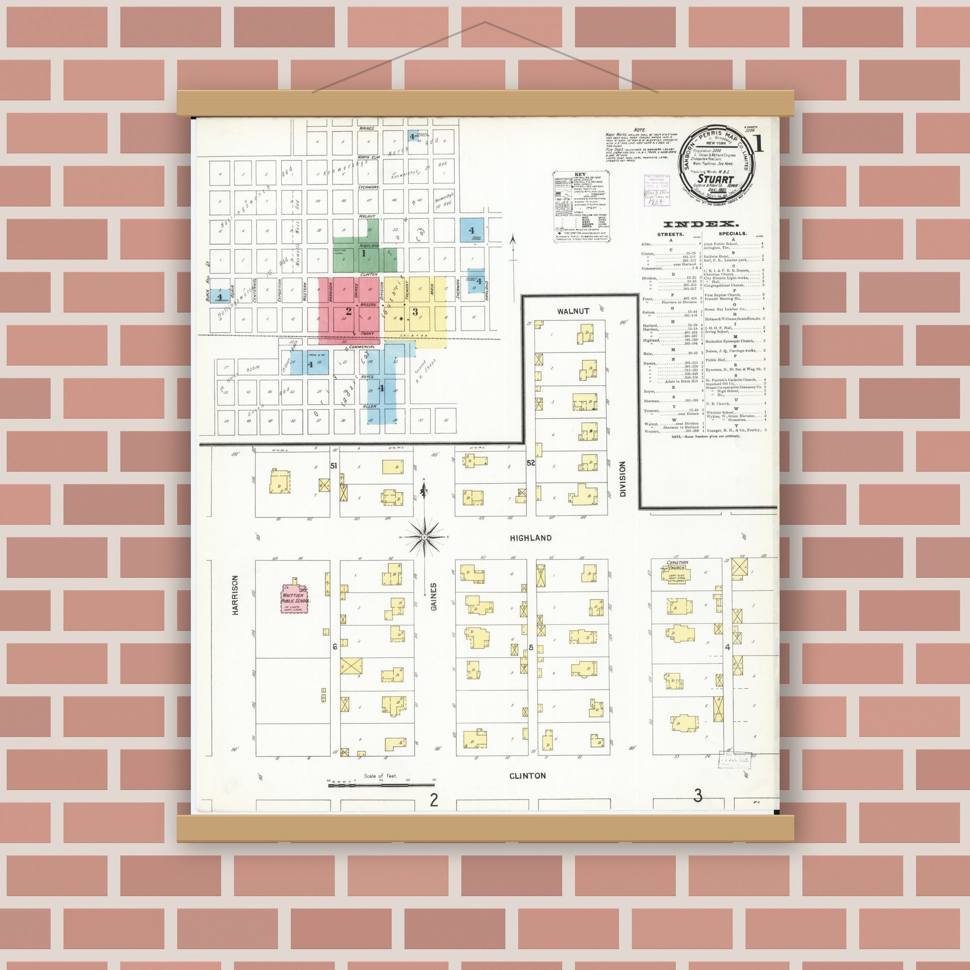 Old map wall art mockup — magnetic wood frame on brick wall — Sanborn Fire Insurance Map from Stuart, Guthrie and Adair Counties, Iowa (1901), Sheet #0001