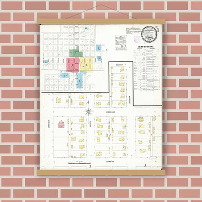 Old map wall art mockup — magnetic wood frame on brick wall — Sanborn Fire Insurance Map from Stuart, Guthrie and Adair Counties, Iowa (1901), Sheet #0001