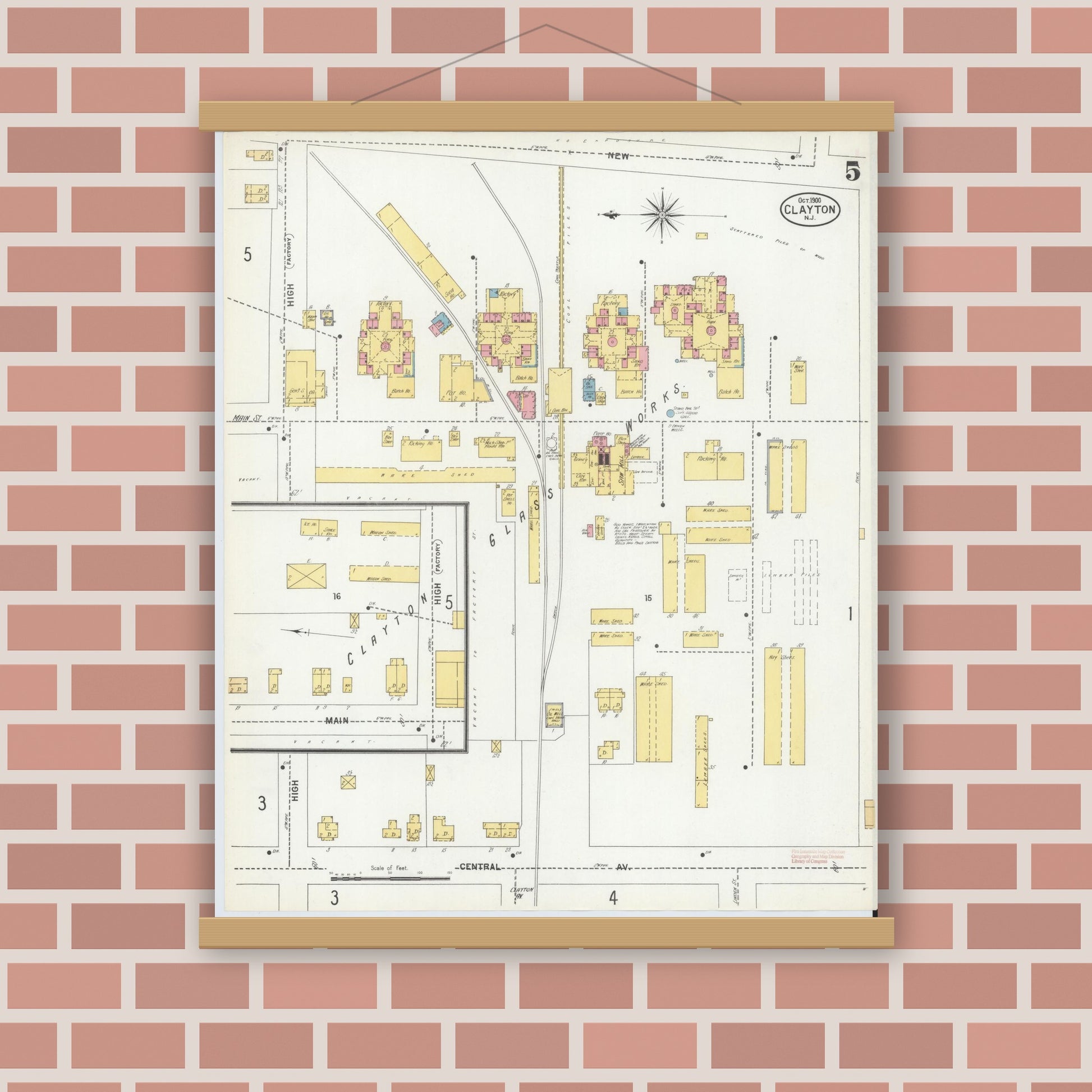 Old map wall art mockup — magnetic wood frame on brick wall — Sanborn Fire Insurance Map from Clayton, Gloucester County, New Jersey (1900), Sheet #0005