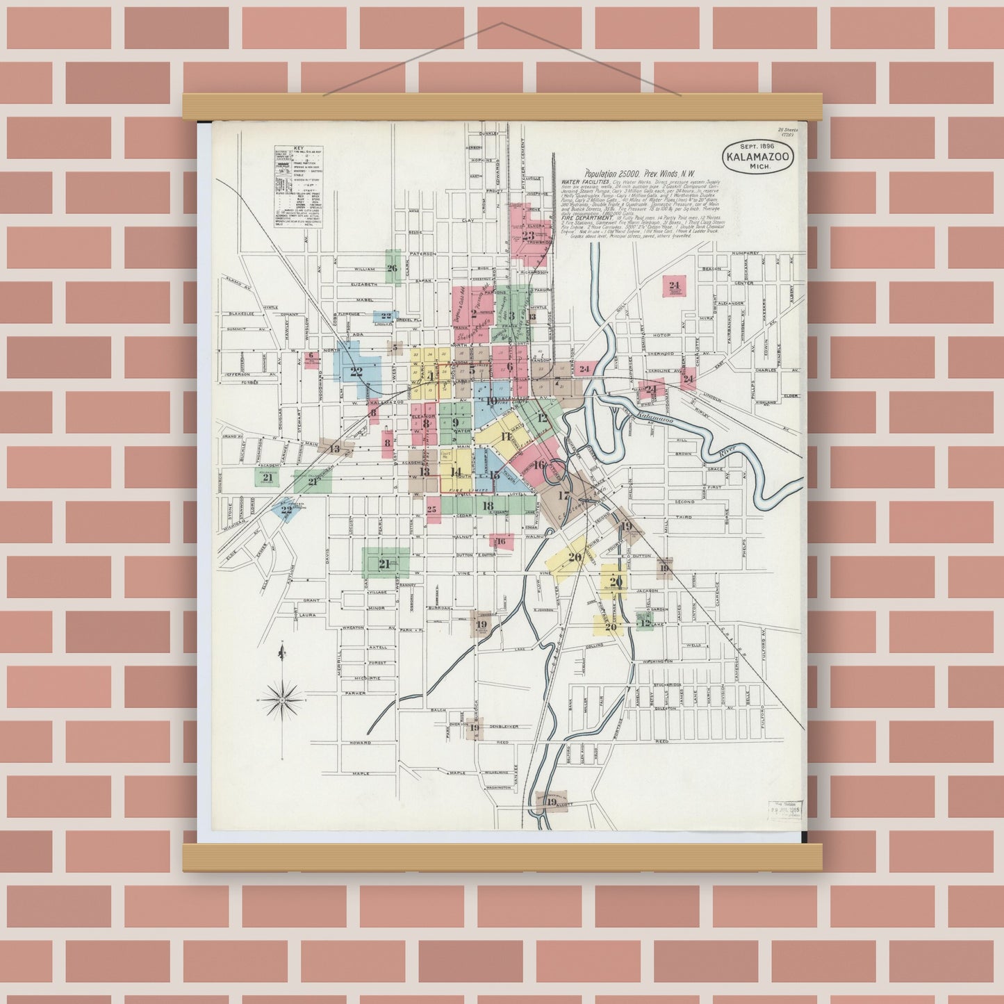 Old map wall art mockup — magnetic wood frame on brick wall — Sanborn Fire Insurance Map from Kalamazoo, Kalamazoo County, Michigan (1896) - Complete Map Set