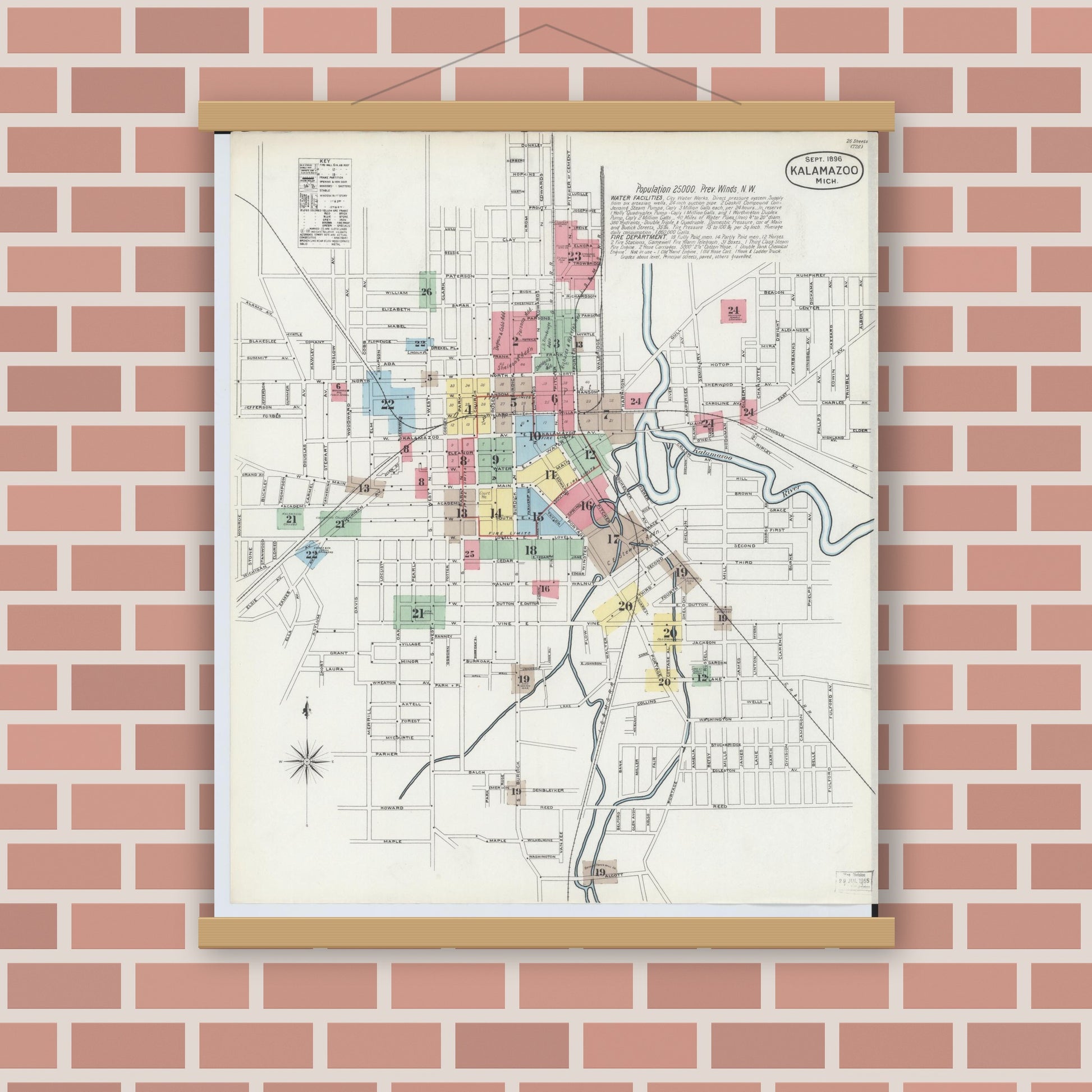 Old map wall art mockup — magnetic wood frame on brick wall — Sanborn Fire Insurance Map from Kalamazoo, Kalamazoo County, Michigan (1896) - Complete Map Set