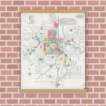 Old map wall art mockup — magnetic wood frame on brick wall — Sanborn Fire Insurance Map from Kalamazoo, Kalamazoo County, Michigan (1896) - Complete Map Set