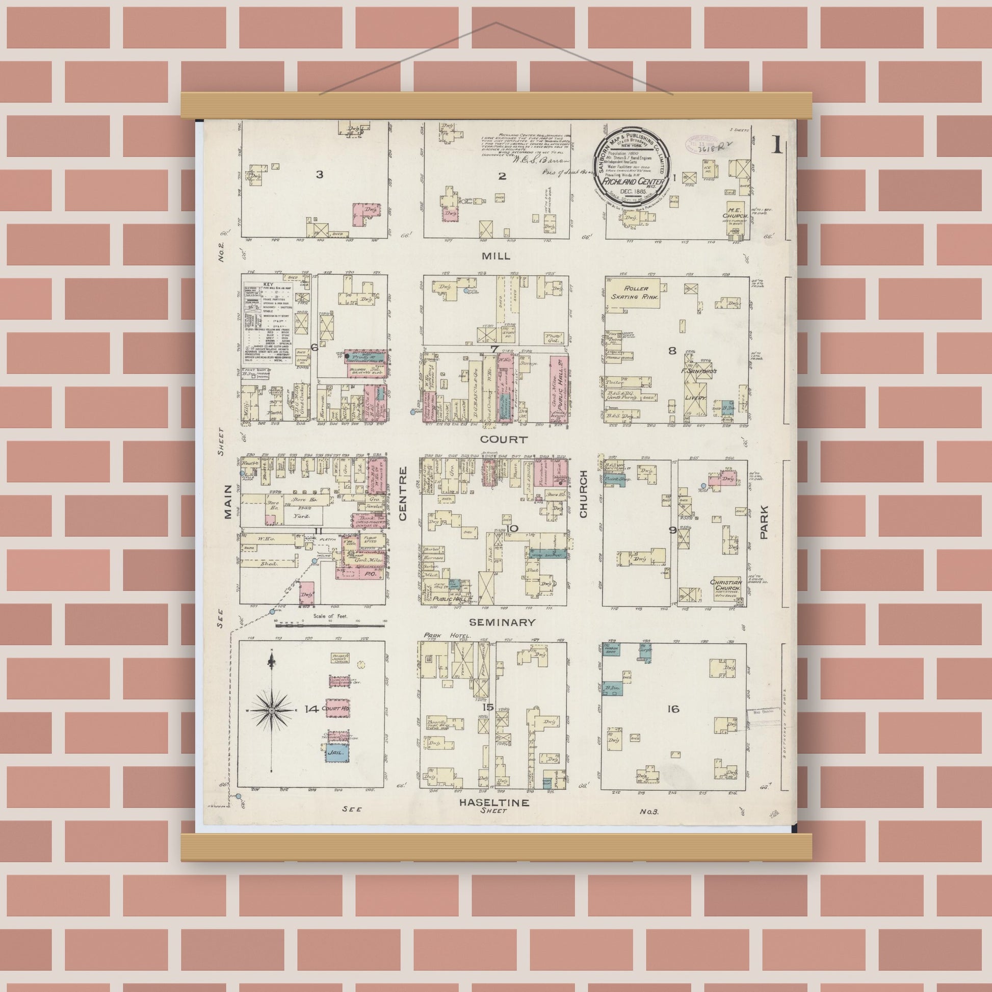 Old map wall art mockup — magnetic wood frame on brick wall — Sanborn Fire Insurance Map from Richland Center, Richland County, Wisconsin (1883), Sheet #0001