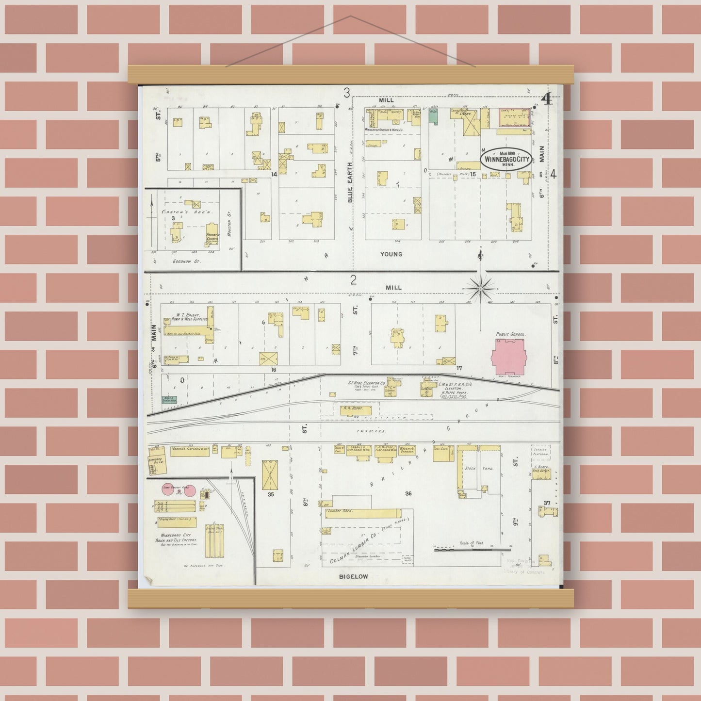 Old map wall art mockup — magnetic wood frame on brick wall — Sanborn Fire Insurance Map from Winnebago, Faribault County, Minnesota (1899), Sheet #0004