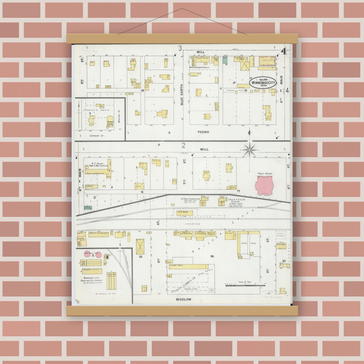 Old map wall art mockup — magnetic wood frame on brick wall — Sanborn Fire Insurance Map from Winnebago, Faribault County, Minnesota (1899), Sheet #0004