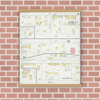 Old map wall art mockup — magnetic wood frame on brick wall — Sanborn Fire Insurance Map from Winnebago, Faribault County, Minnesota (1899), Sheet #0004