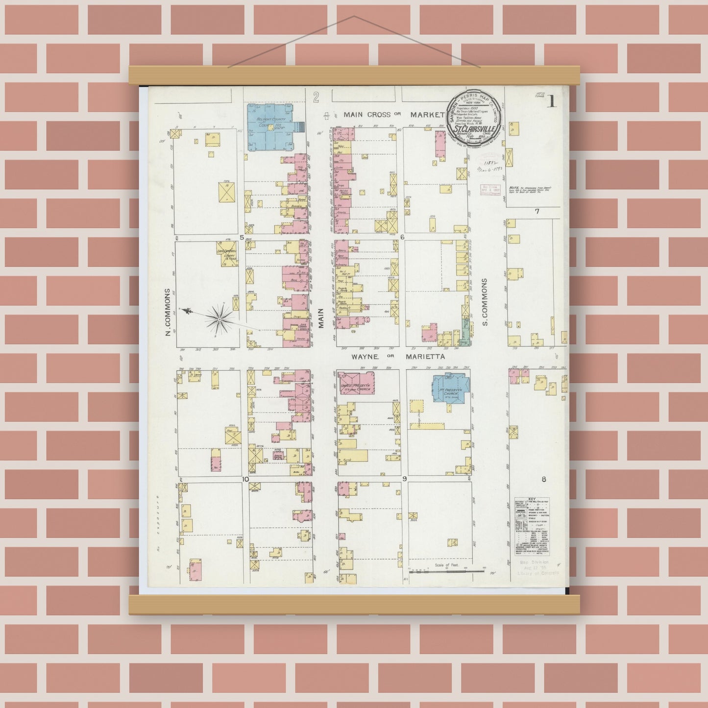Old map wall art mockup — magnetic wood frame on brick wall — Sanborn Fire Insurance Map from Saint Clairsville, Belmont County, Ohio (1893), Sheet #0001