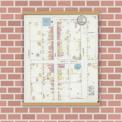 Old map wall art mockup — magnetic wood frame on brick wall — Sanborn Fire Insurance Map from Saint Clairsville, Belmont County, Ohio (1893), Sheet #0001