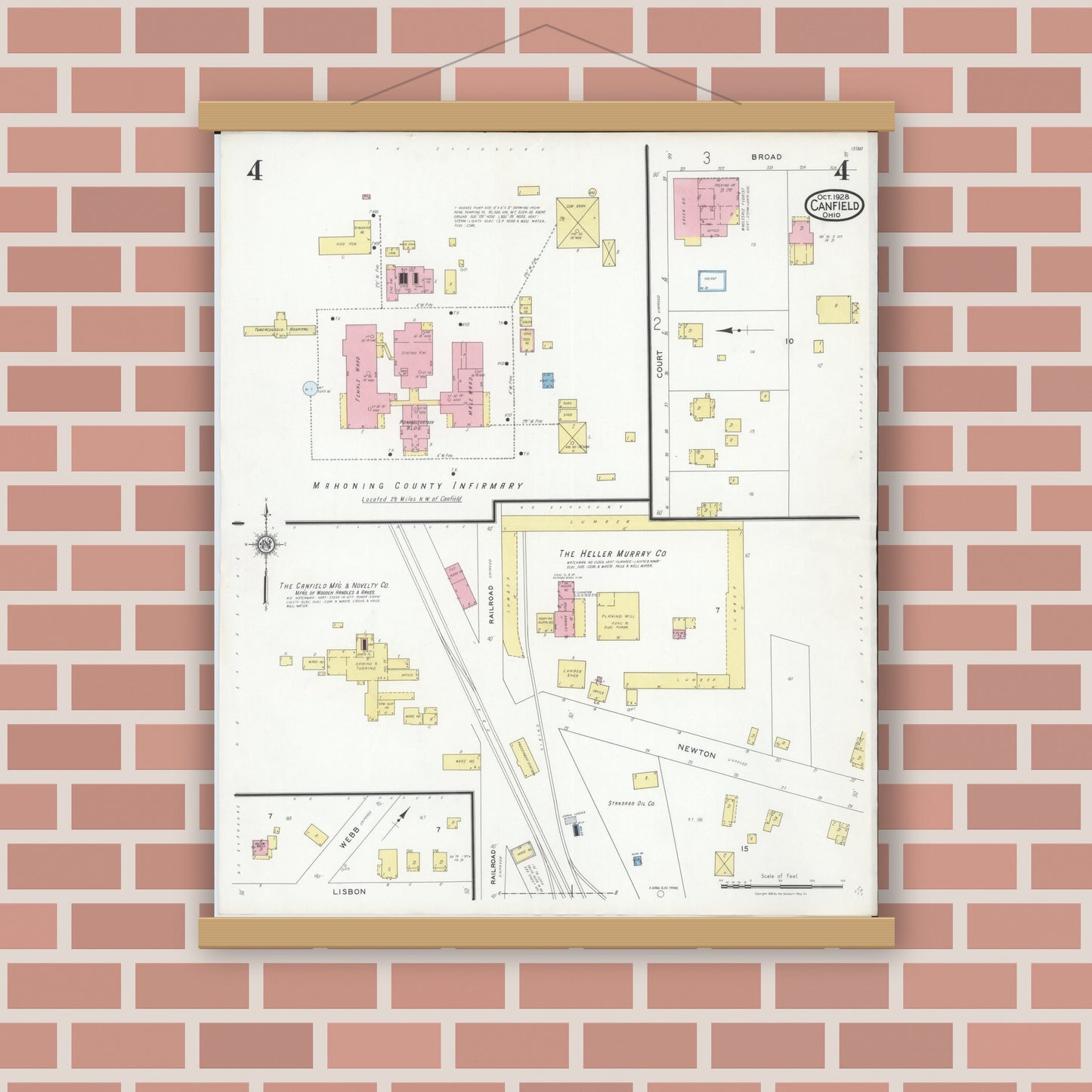 Old map wall art mockup — magnetic wood frame on brick wall — Sanborn Fire Insurance Map from Canfield, Mahoning County, Ohio (1928), Sheet #0004