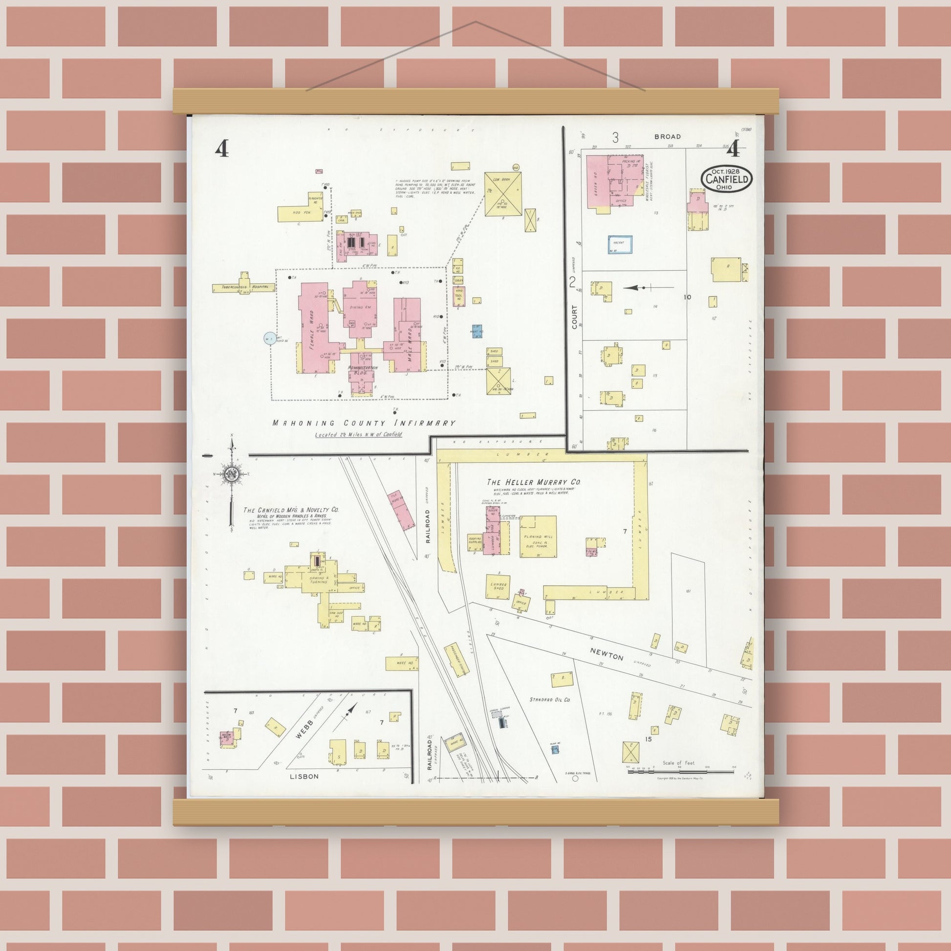Old map wall art mockup — magnetic wood frame on brick wall — Sanborn Fire Insurance Map from Canfield, Mahoning County, Ohio (1928), Sheet #0004