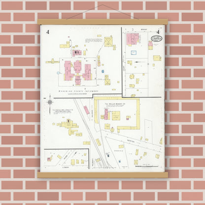 Old map wall art mockup — magnetic wood frame on brick wall — Sanborn Fire Insurance Map from Canfield, Mahoning County, Ohio (1928), Sheet #0004