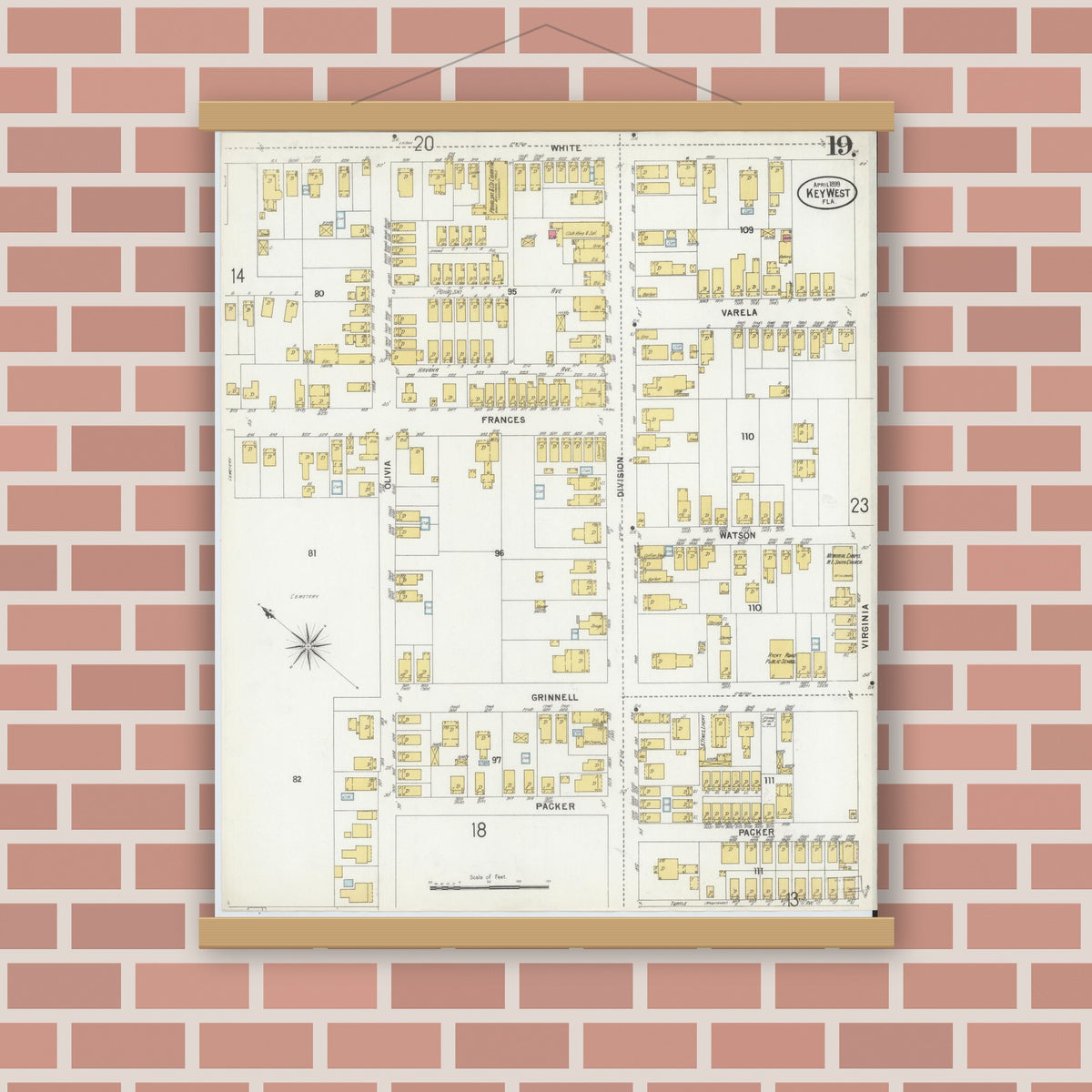 Old map wall art mockup — magnetic wood frame on brick wall — Sanborn Fire Insurance Map from Key West, Monroe County, Florida (1899), Sheet #0019