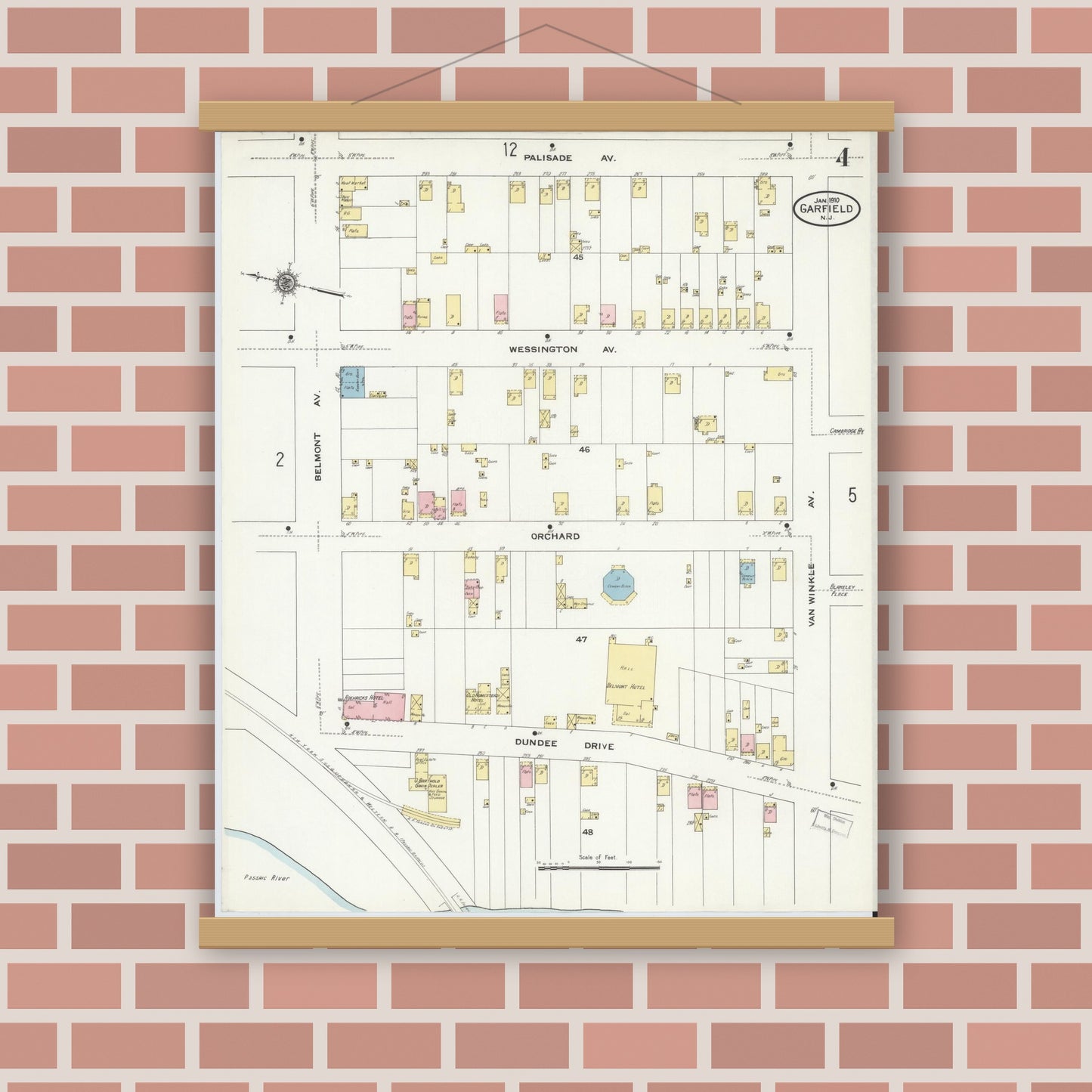 Old map wall art mockup — magnetic wood frame on brick wall — Sanborn Fire Insurance Map from Garfield, Bergen County, New Jersey (1910), Sheet #0004
