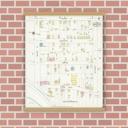 Old map wall art mockup — magnetic wood frame on brick wall — Sanborn Fire Insurance Map from Garfield, Bergen County, New Jersey (1910), Sheet #0004