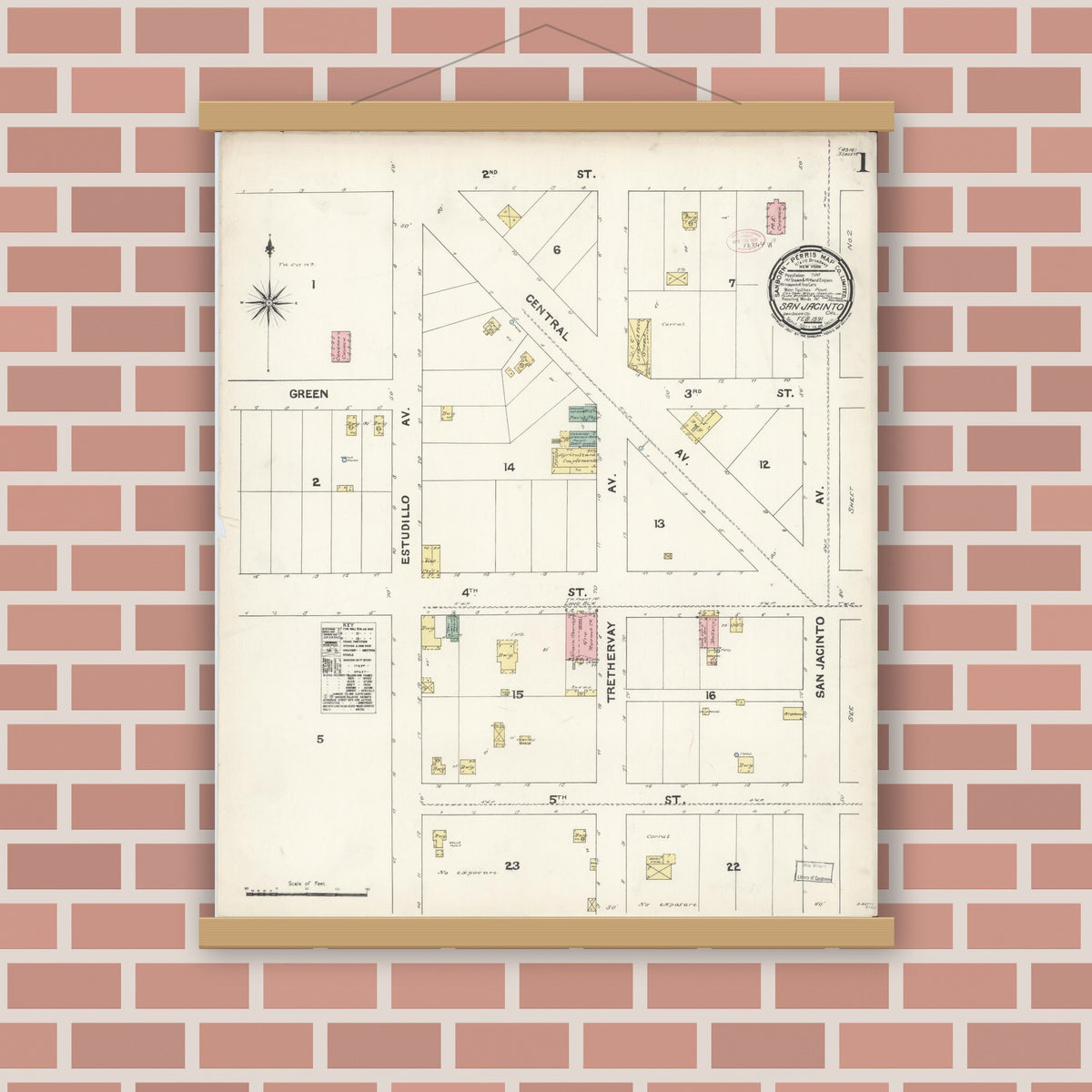 Old map wall art mockup — magnetic wood frame on brick wall — Sanborn Fire Insurance Map from San Jacinto, Riverside County, California (1891) - Complete Map Set