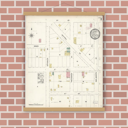 Old map wall art mockup — magnetic wood frame on brick wall — Sanborn Fire Insurance Map from San Jacinto, Riverside County, California (1891) - Complete Map Set