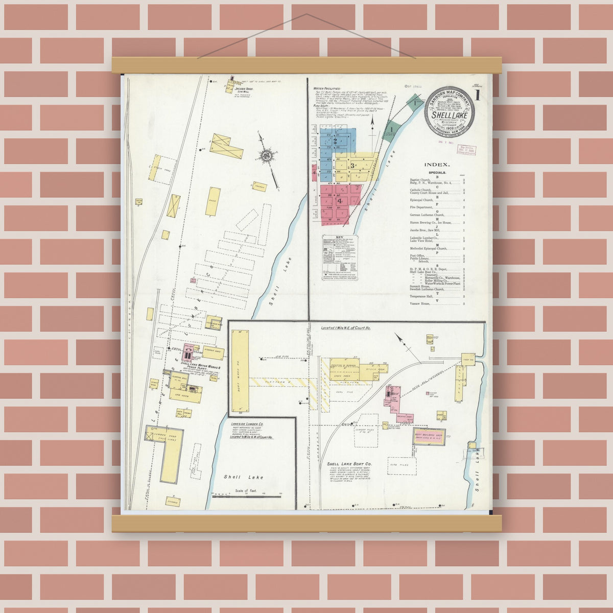 Old map wall art mockup — magnetic wood frame on brick wall — Sanborn Fire Insurance Map from Shell Lake, Washburn County, Wisconsin (1909) - Complete Map Set