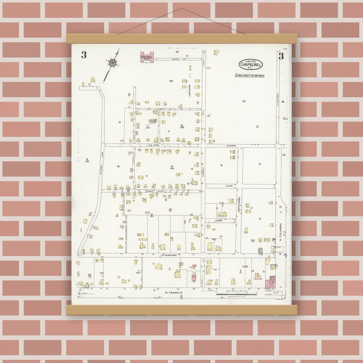 Old map wall art mockup — magnetic wood frame on brick wall — Sanborn Fire Insurance Map from Chapel Hill, Orange County, North Carolina (1925), Sheet #0003