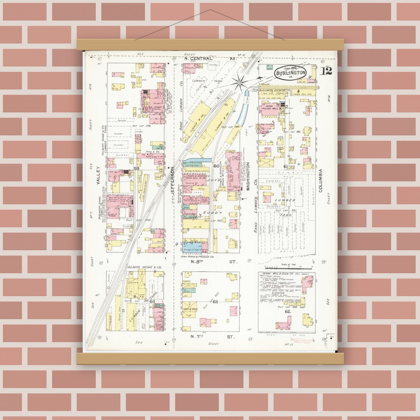 Old map wall art mockup — magnetic wood frame on brick wall — Sanborn Fire Insurance Map from Burlington, Des Moines County, Iowa (1892), Sheet #0012