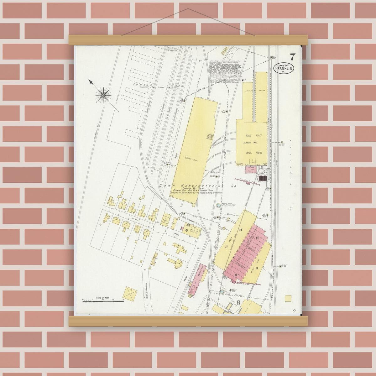 Old map wall art mockup — magnetic wood frame on brick wall — Sanborn Fire Insurance Map from Franklin, Independent Cities, Virginia (1907), Sheet #0007